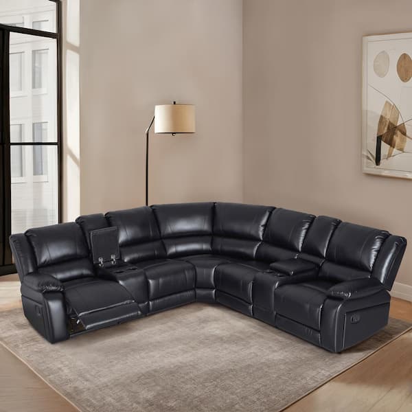 Ellesophas Lorna 109 in. Modern and Contemporary 7-Piece Faux Leather Sectional Sofa Black with Recliners Corner Lounge Suite