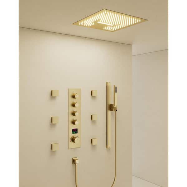 YAWWALK LED Mood Lighting 15-Spray 16 in. Ceiling Mount Dual and Handheld Shower 2.5 GPM with Slider Bar in Brushed Gold