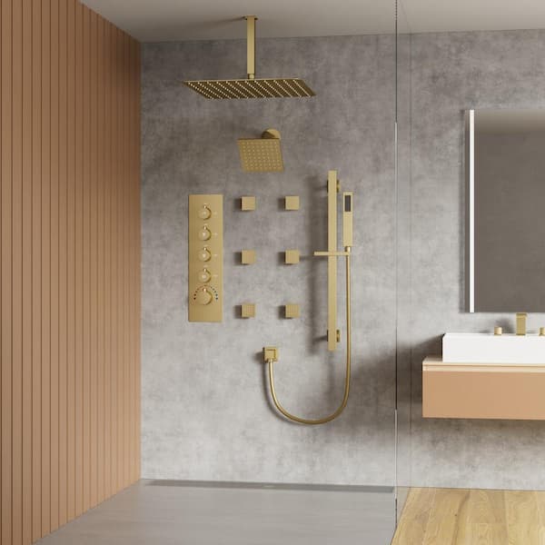Thermostatic Valve 15-Spray 16 and 6 in. Dual Ceiling Mount Shower Head and Handheld Shower in Brushed Gold