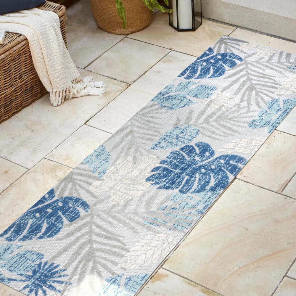 Light Gray and Navy Tropical Leaf Runner Rug, 2'-3" x 8', Synthetic