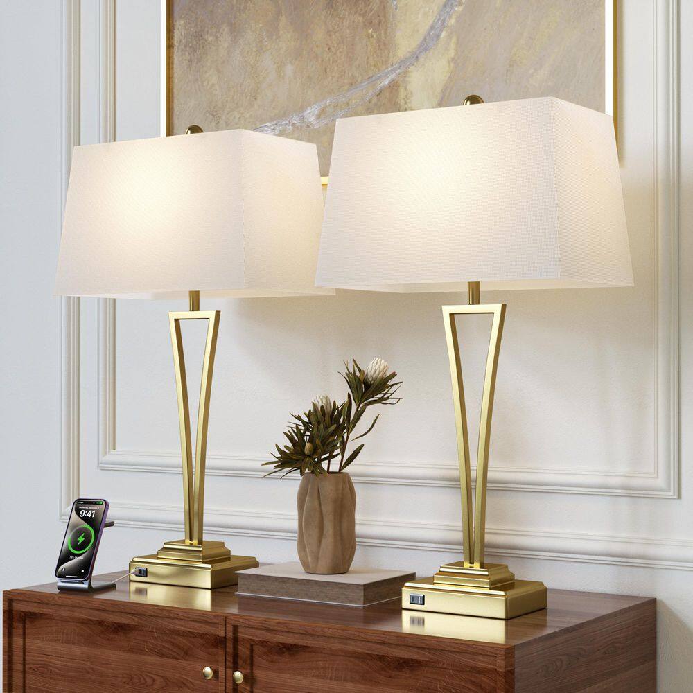 30.5 in. Gold Modern Metal Bedroom Living Room Bedside Desk Nightstand Tall Table Lamps USB Port Set of 2 price history on PriceWatchPro