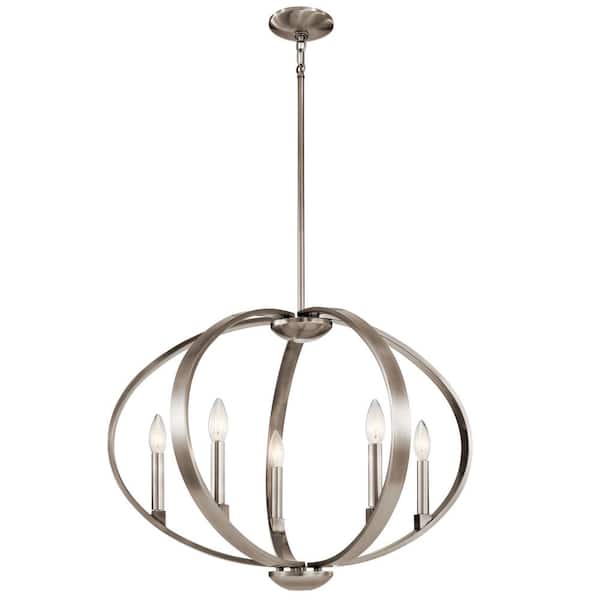 KICHLER Elata 27 in. 5-Light Classic Pewter Contemporary Candle Globe Chandelier for Dining Room