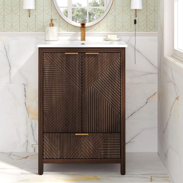 24 in. Freestanding Undermount Brown Bath Vanity with White Ceramic Top, Textured Door Panels and a Drawer