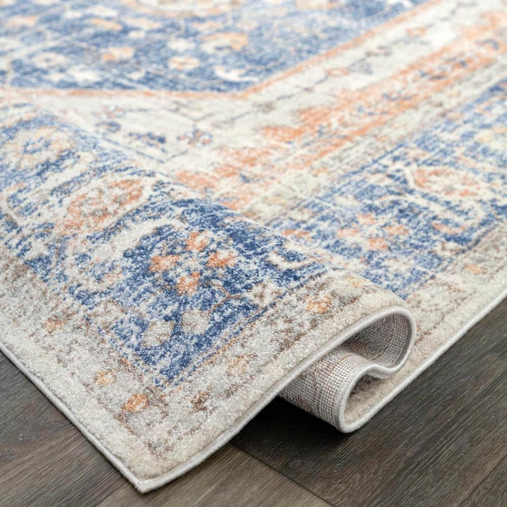 Reversible Vintage Floral Blue Synthetic Area Rug, 5' x 7'