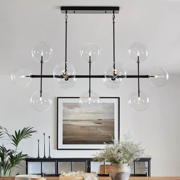 Dimma 12-Light 57.9 in. W Matte Black Branch Long Crossbar Chandelier with Clear Glass Globe for Kitchen Island