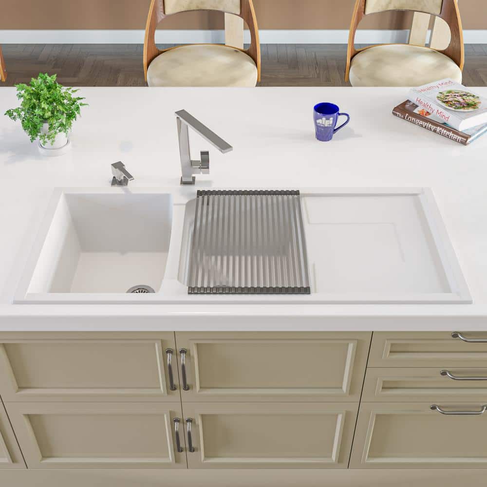 White 46'' Double Bowl Granite Drop-In Kitchen Sink with Drainboard
