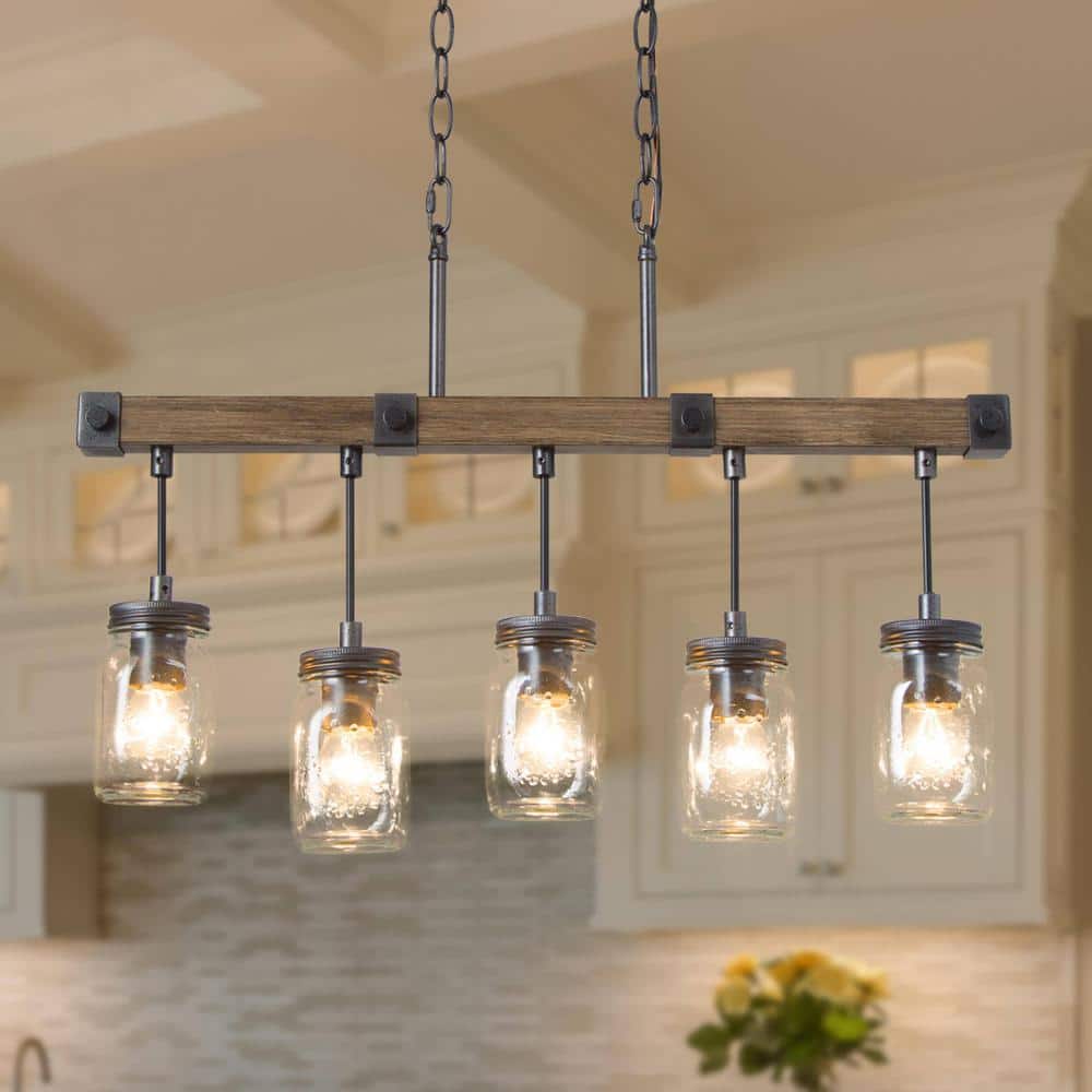 Morice Modern Farmhouse Linear Chandelier 5-Light Rustic Black Classic Mason Jar Island Pendant with Faux Wood Accent price history on PriceWatchPro