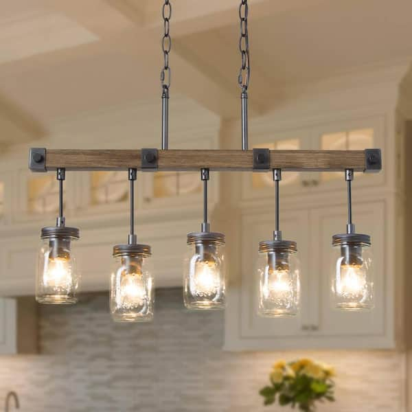 Morice Modern Farmhouse Linear Chandelier 5-Light Rustic Black Classic Mason Jar Island Pendant with Faux Wood Accent