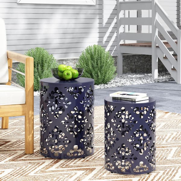 Sudzendf Navy Blue Cylindrical Iron Outdoor Side Table 2-Piece
