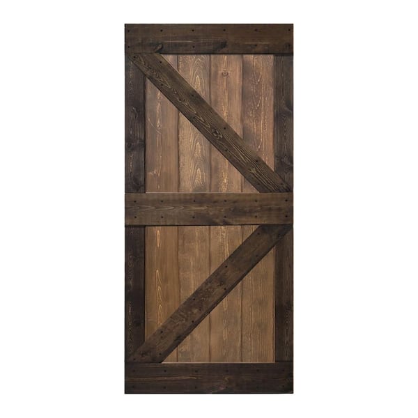 ISLIFE K Style 38 in. x 84 in. Dark Walnut/Kona Coffee Finished Solid Wood Sliding Barn Door Slab - Hardware Kit Not Included