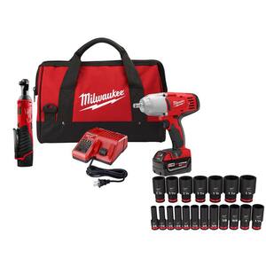M12/M18V Lithium-Ion Cordless 3/8 in. Ratchet 1/2 in. Impact Wrench kit w 1/2in. Drive SAE Impact Socket Set (19-Pc)