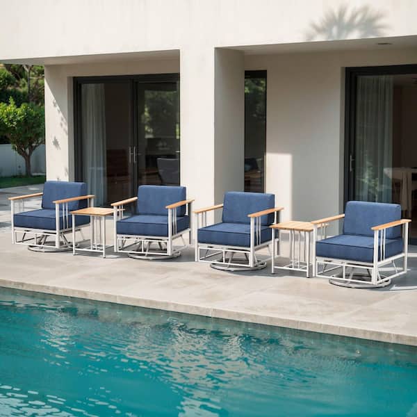 Puffin 6-Piece White Metal Swivel Gliders Patio Conversation Set with 6 in. Thick Navy Blue Cushions and Side Table