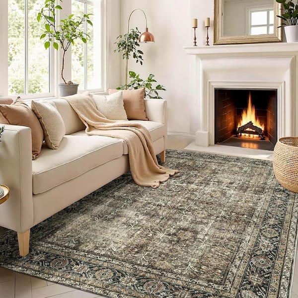Kingston Brown 6 ft. x 9 ft. Distressed Herati All Over Design Area Rug