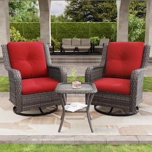 3-Piece Wicker Patio Swivel Outdoor Rocking Chair Set with Red Cushions and Table
