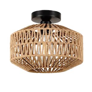 11.8 in. Rattan Brown Chandelier Light Fixture with Dimmable LED Bulb, Mini Hand Woven Flush Mount Ceiling Light