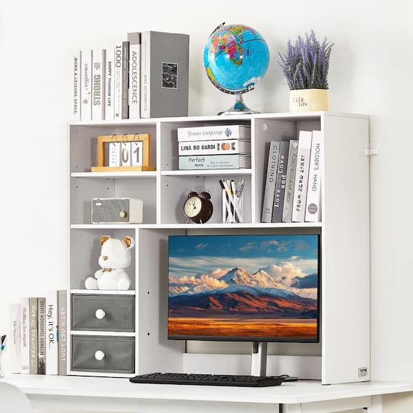 VEVOR Desktop Bookshelf, 3-Tier Desktop Storage Organizer, 37 in. x 10 in. x 31.1 in. Office Storage Rack Wood Display White