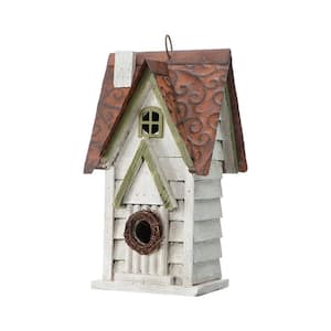 12 in. H Hanging Distressed Solid Wood Bird House for Patio Garden, White