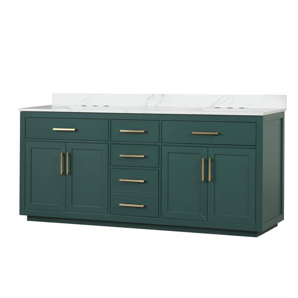 WELLFOR 80 in. W x 22 in. D x 36 in. H Double Sink Freestanding Bath Vanity in Green with White Quartz Top