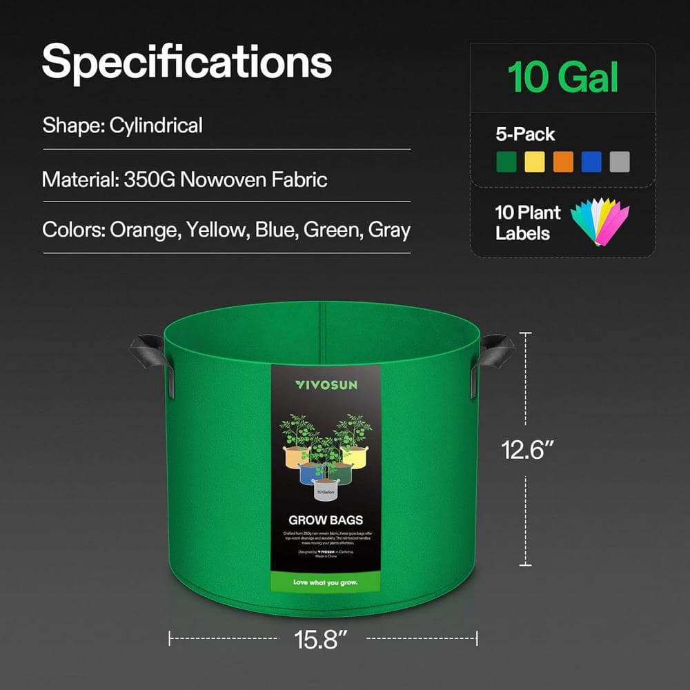 10-Gallon Multicolor Fabric Grow Bags with Handles (5-Pack)