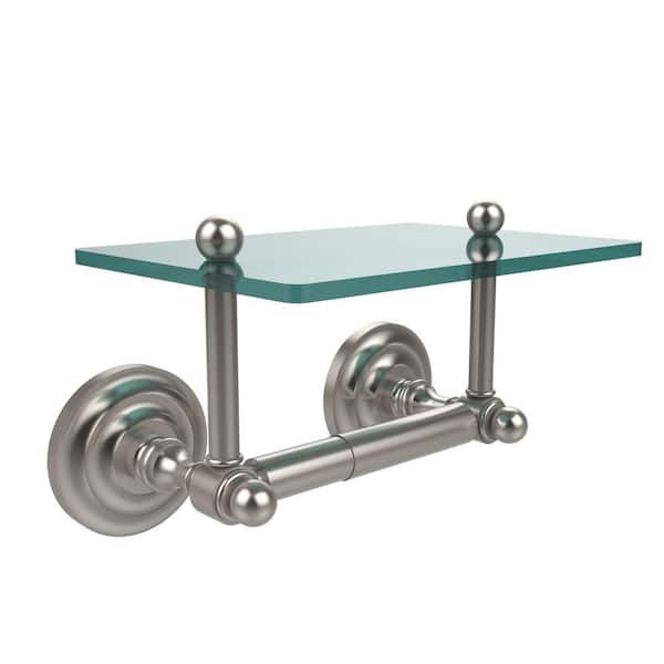 Allied Brass Que New Collection Double Post Toilet Paper Holder with Glass Shelf in Satin Nickel