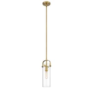 Pilaster 1-Light Brushed Brass Clear Shaded Pendant Light with Clear Glass Shade