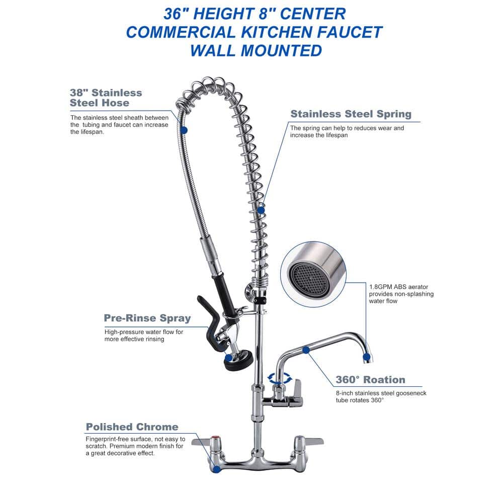Chrome Brass 36-Inch Commercial Kitchen Faucet with Pre-Rinse Sprayer