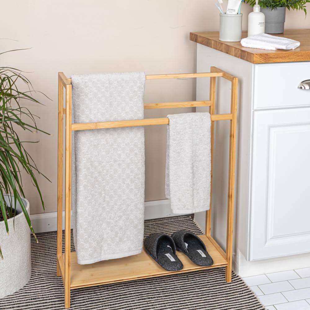 Natural Bamboo Freestanding Towel Rack with Shelf