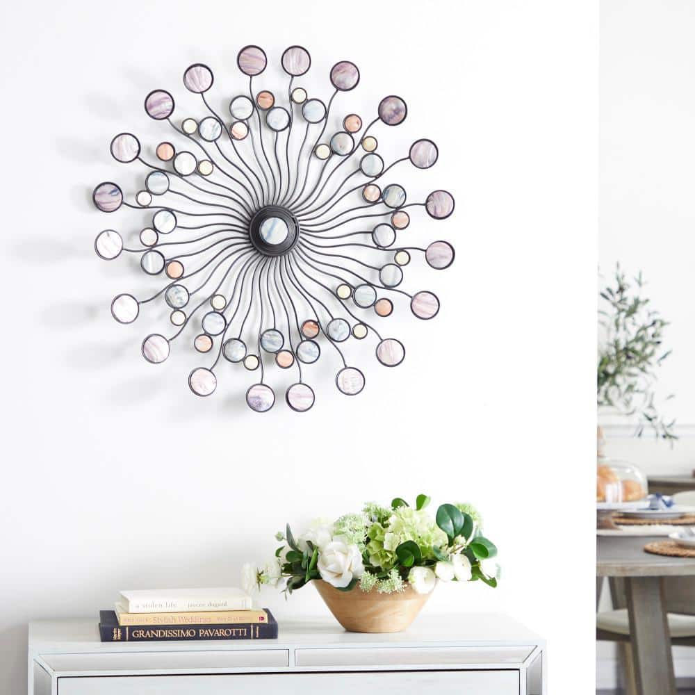 Multi-Colored Iron Sunburst Wall Sculpture with Marble Accents