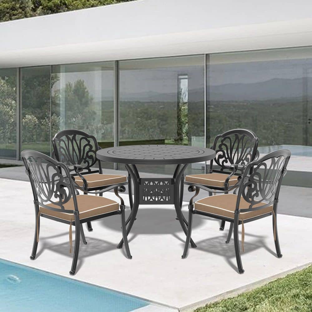 Black 5-Piece Cast Aluminum Round Outdoor Dining Set with Stackable Chairs and Brown Cushions price history on PriceWatchPro