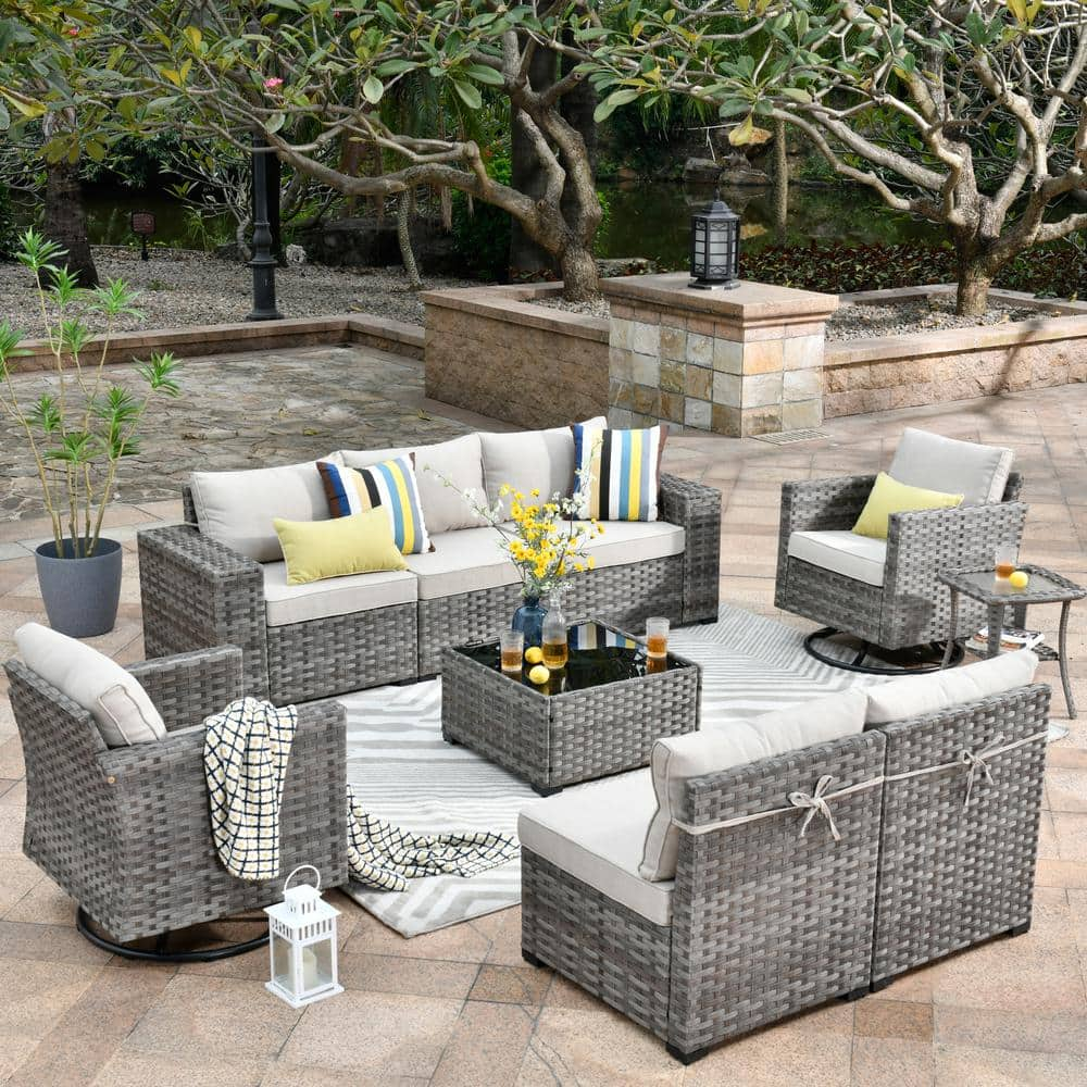 HOOOWOOO Tahoe Grey 9-Piece Wicker Wide Arm Outdoor Patio Conversation ...