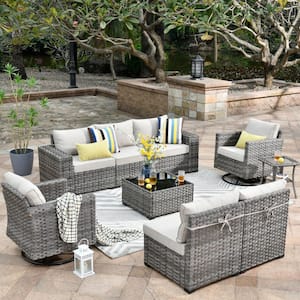 Tahoe Grey 9-Piece Wicker Wide Arm Outdoor Patio Conversation Sofa Set with Swivel Rocking Chairs and Beige Cushions