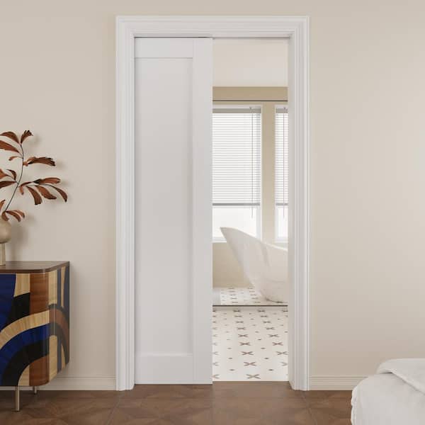 36 in. x 96 in. Paneled Blank White Primed MDF Pocket Sliding Door with Pocket Door Hardware Kit (Soft Close Included)