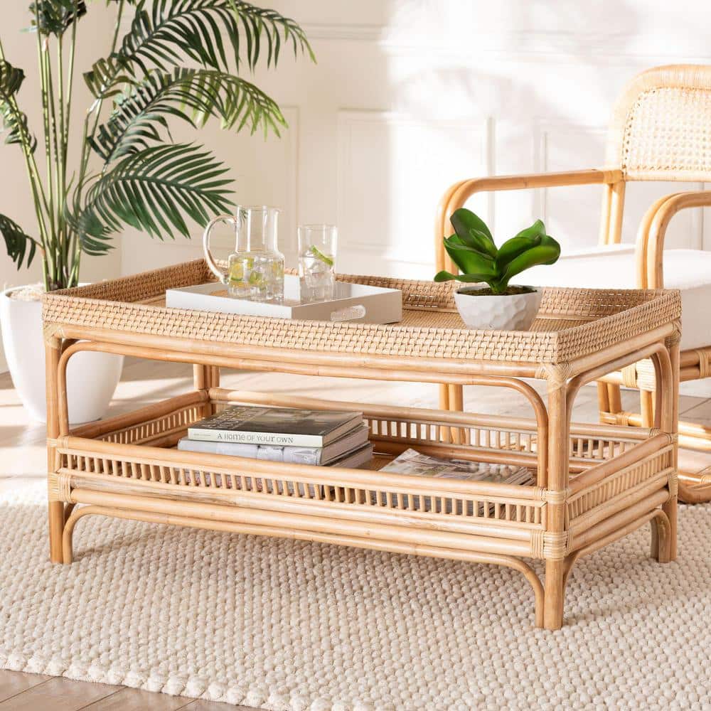 Lombok Natural Rattan Rectangular Coffee Table with Shelf