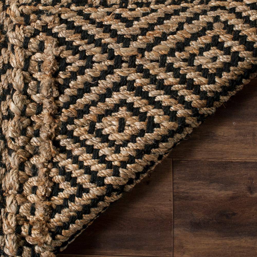 Hand-Knotted Geometric Jute Area Rug in Natural/Black, Round