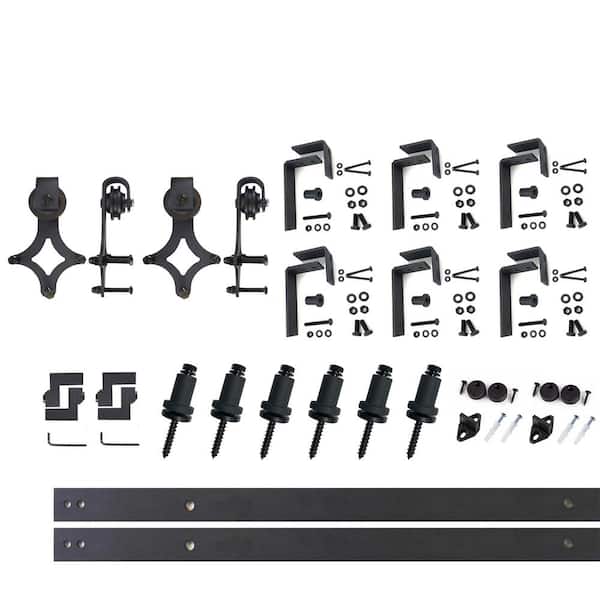 HOMACER 7.5 ft./90 in. Black Rustic Double Track Bypass U-Shape Sliding Barn Door Hardware Kit - Diamond Design Roller