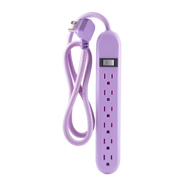 Cordinate 6-Outlet Surge Protector Power Strip Flat Plug Braided Cord Decorative 3 ft. Power Cord, Purple