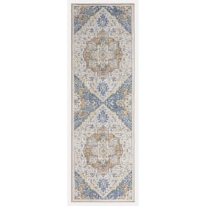 Eden Collection Center Medallion Ivory 2 ft. x 7 ft. Machine Washable Traditional Indoor Area Rug