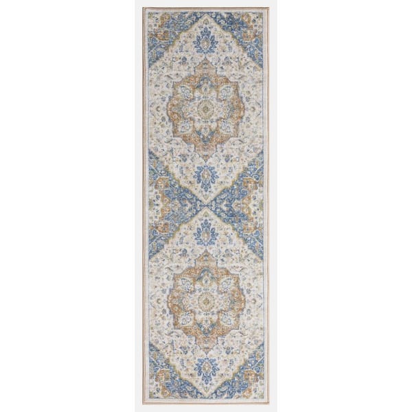 Concord Global Trading Eden Collection Center Medallion Ivory 3 ft. x 9 ft. Machine Washable Traditional Indoor Area Rug