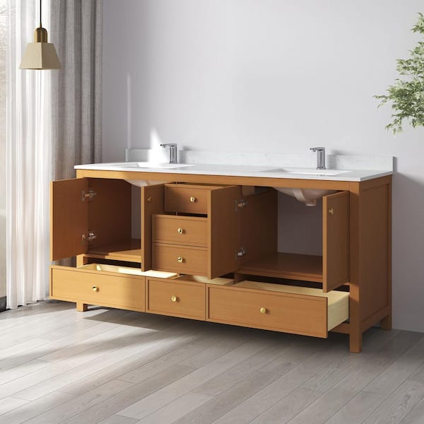 Origo 72 in. W x 22 in. D x 35 in. H Double Sink Freestanding Bath Vanity in Brown Oak w/ Calacatta Cultured Marble Top