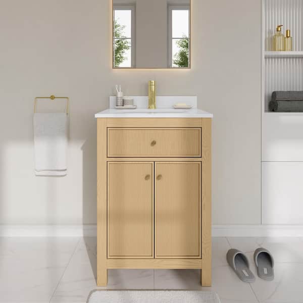 Pendry 24 in. Single Freestanding Tanned Oak Bath Vanity with White Cultured Marble Top Assembled
