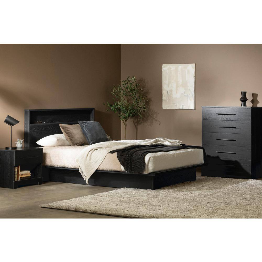 Black Oak Full Headboard with Storage Shelf