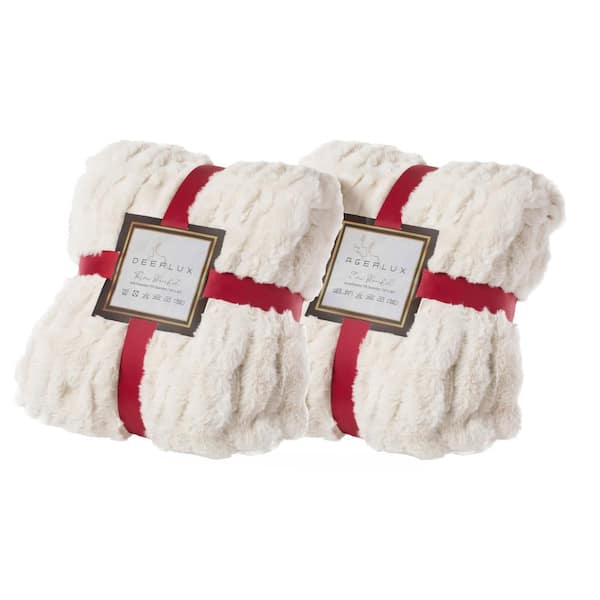 DEERLUX Decorative Cream Throw Blanket Set of 2 50 in. x 60 in. Rached Faux Fur Cozy Throw Blanket - Decorative Plush Blanket