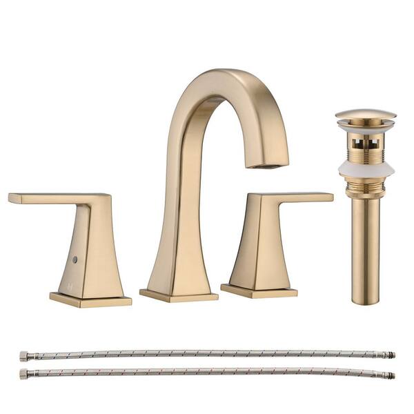 YASINU 8 in. Widespread Double Handles Bathroom Faucet with Drain Kit Included in Brushed Gold