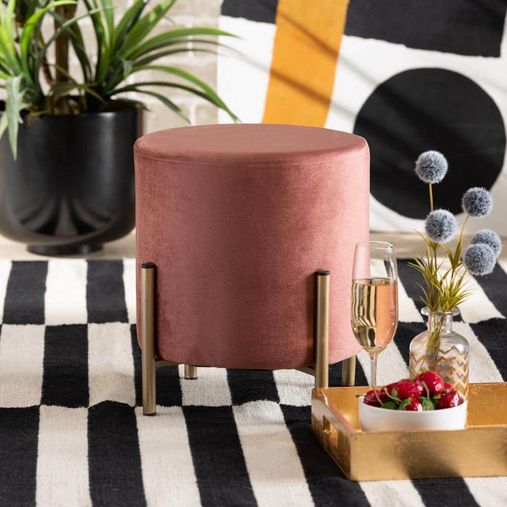 Thurman 11'' Pink Velvet and Gold Metal Round Ottoman