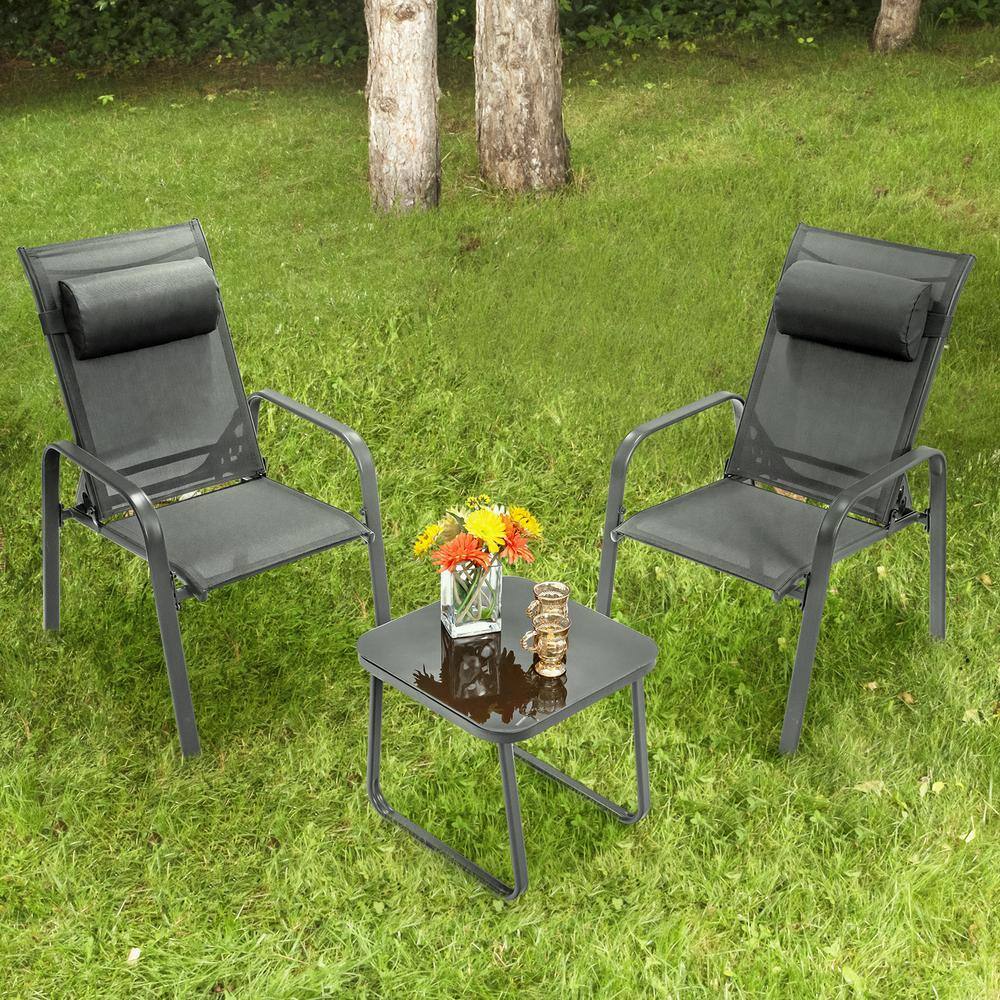 3-Piece Stackable Metal Outdoor Bistro Conversation Set with Coffee Table and Adjustable Backrest, Gray price history on PriceWatchPro
