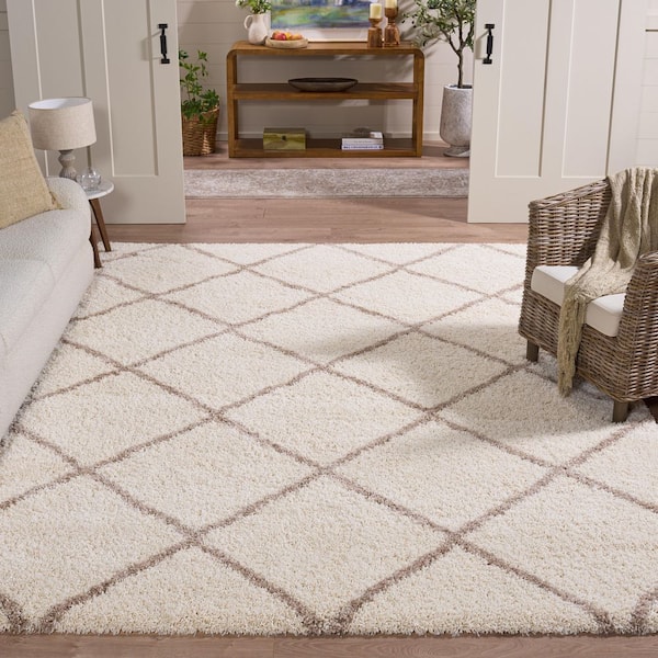 Hudson Shag 10 ft. x 14 ft. Ivory/Beige Geometric Diamonds Area Rug