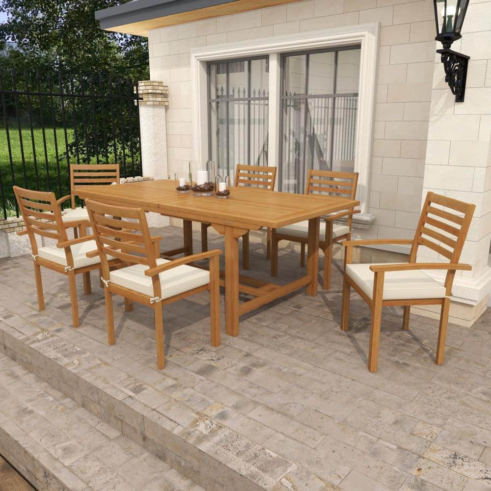 Brown Teak 7-Piece Outdoor Dining Set with White Cushions