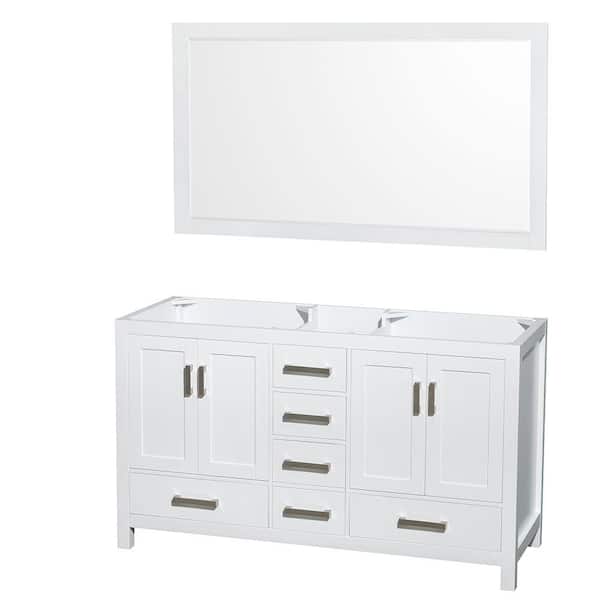 Wyndham Collection Sheffield 59 in. W x 21.5 in. D x 34.25 in. H Double Bath Vanity Cabinet without Top in White with 58" Mirror