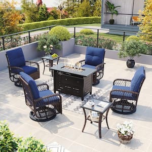 7 Piece Blue Wicker Patio Rocking Chairs for 4 with 40 in. Fire Pit Table Swivel Rocking Chair Sets