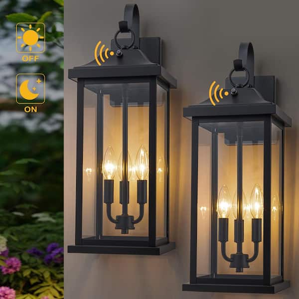 22.25 in. Black Dusk to Dawn Outdoor Hardwired Wall Lantern Sconce with Clear Glass, No Bulbs Included (2-Pack)
